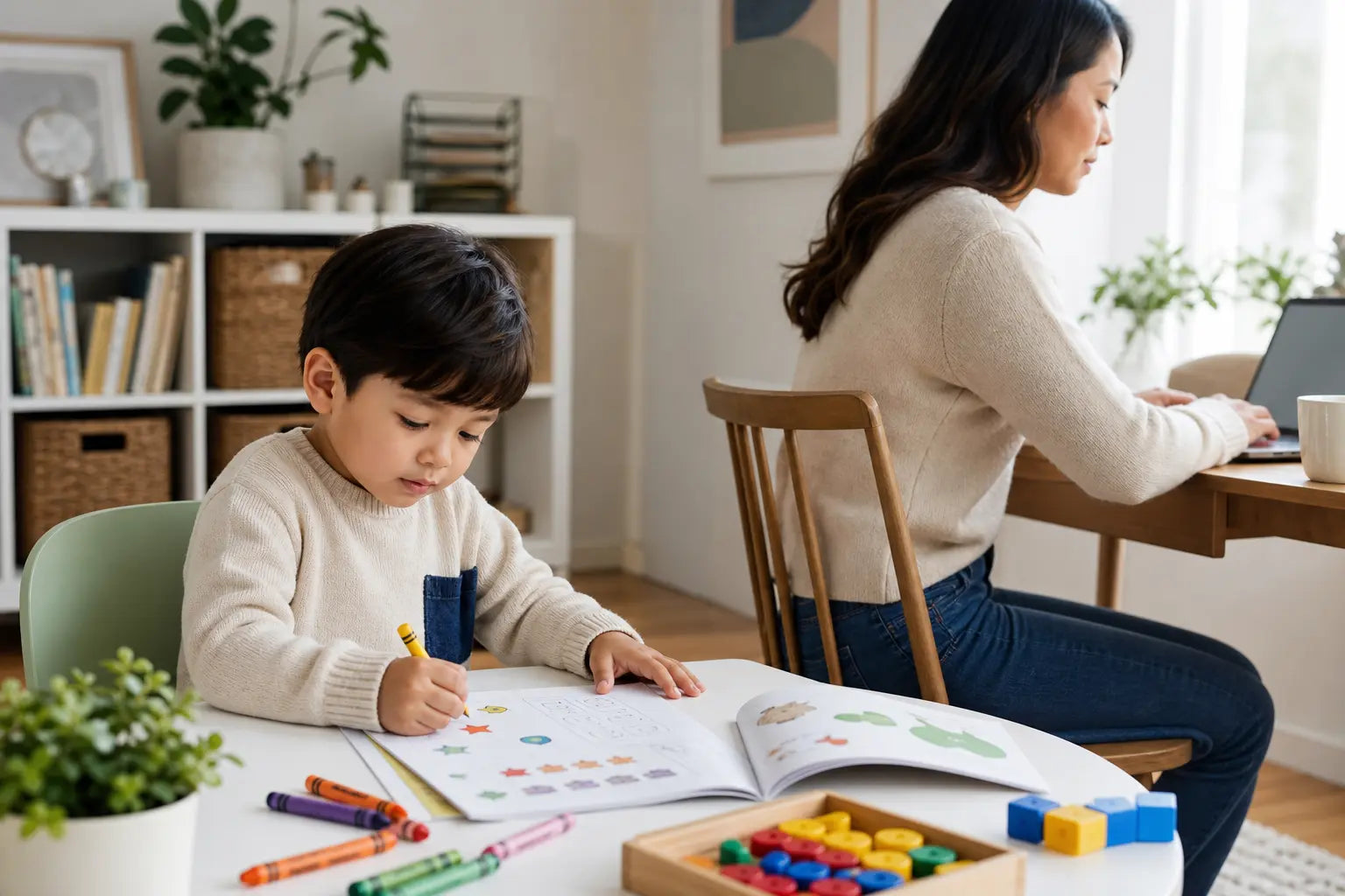 Preschool child using an activity book at a table at home with crayons and counting objects nearby