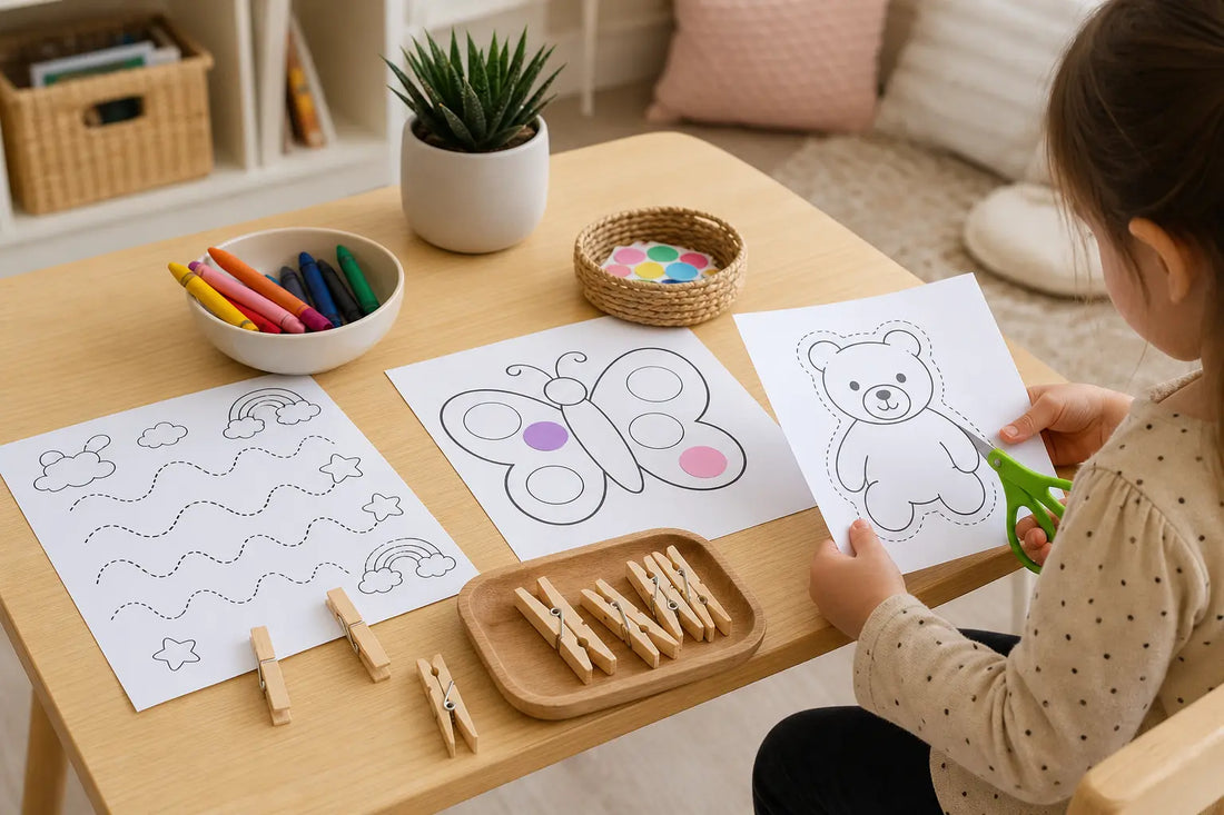 Simple preschool fine motor printables with crayons, scissors, stickers, and clothespins on a table
