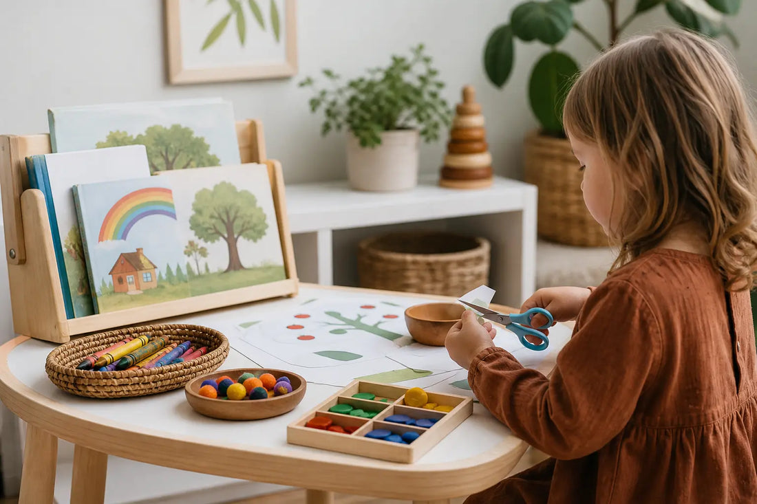 Homeschool preschool learning materials on a small table with books, crayons, counting objects, and activity pages