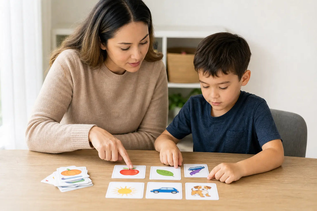 Parent and child using printable reading game cards at a table