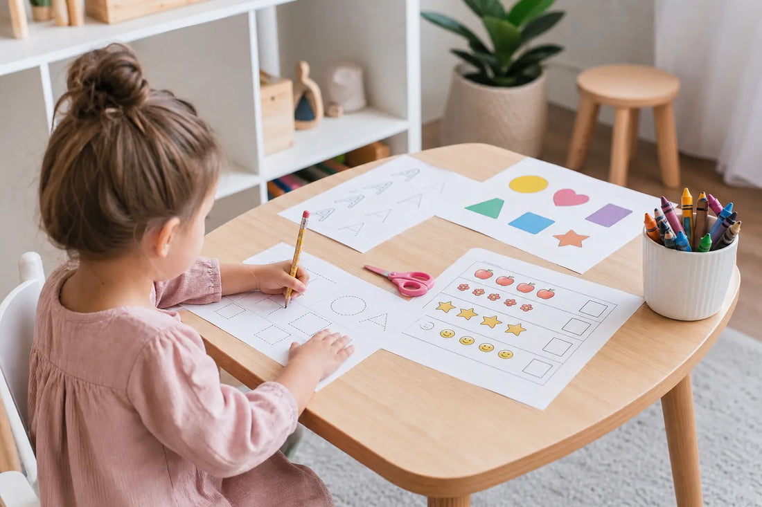 Preschool and kindergarten printable activities on a small table with crayons, scissors, and worksheets