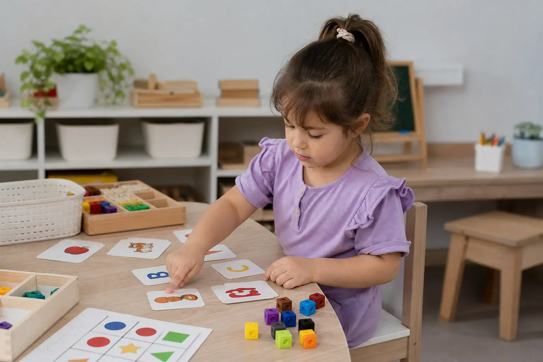 Kindergarten-age child using letter cards and counting cubes at a table