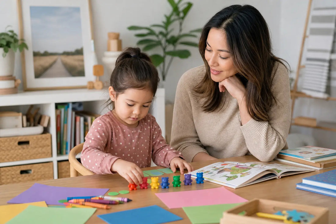 Preschool child doing a learning activity at a table at home with books, crayons, and counting objects