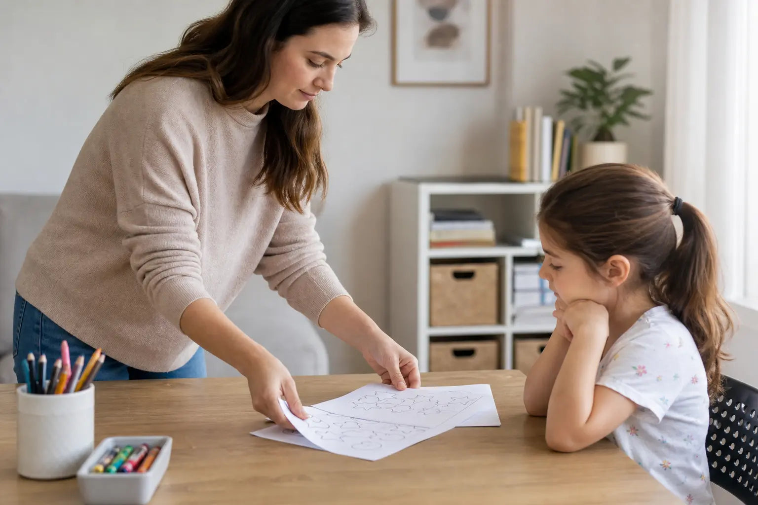Parent setting printable activity sheets on a table with crayons and pencils for a young child
